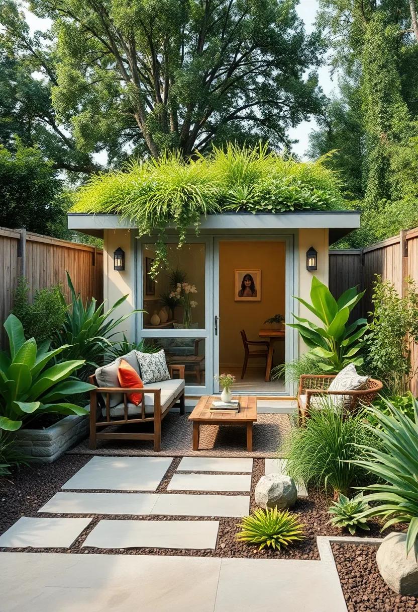A minimalist green roof shed nestled among native‌ plants, blending effortlessly with​ the natural environment‌ while⁢ adding a refreshing ⁢splash of⁤ greenery to your front ⁣yard