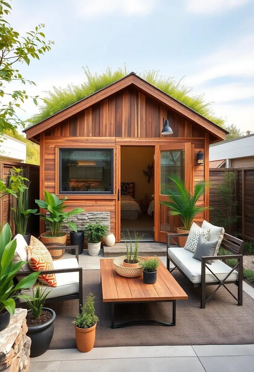 Shed ⁢featuring reclaimed wood siding paired with a⁢ vibrant⁣ green roof, showcasing sustainable ⁤materials in tandem with living plant life