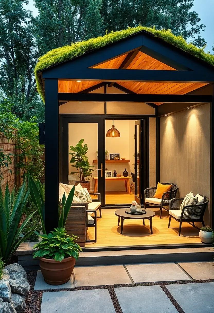 A contemporary‌ black-framed‌ shed accented by⁤ a mossy green roof, creating a ‍striking⁢ contrast⁢ that⁢ elevates style⁤ while ⁤promoting insulation