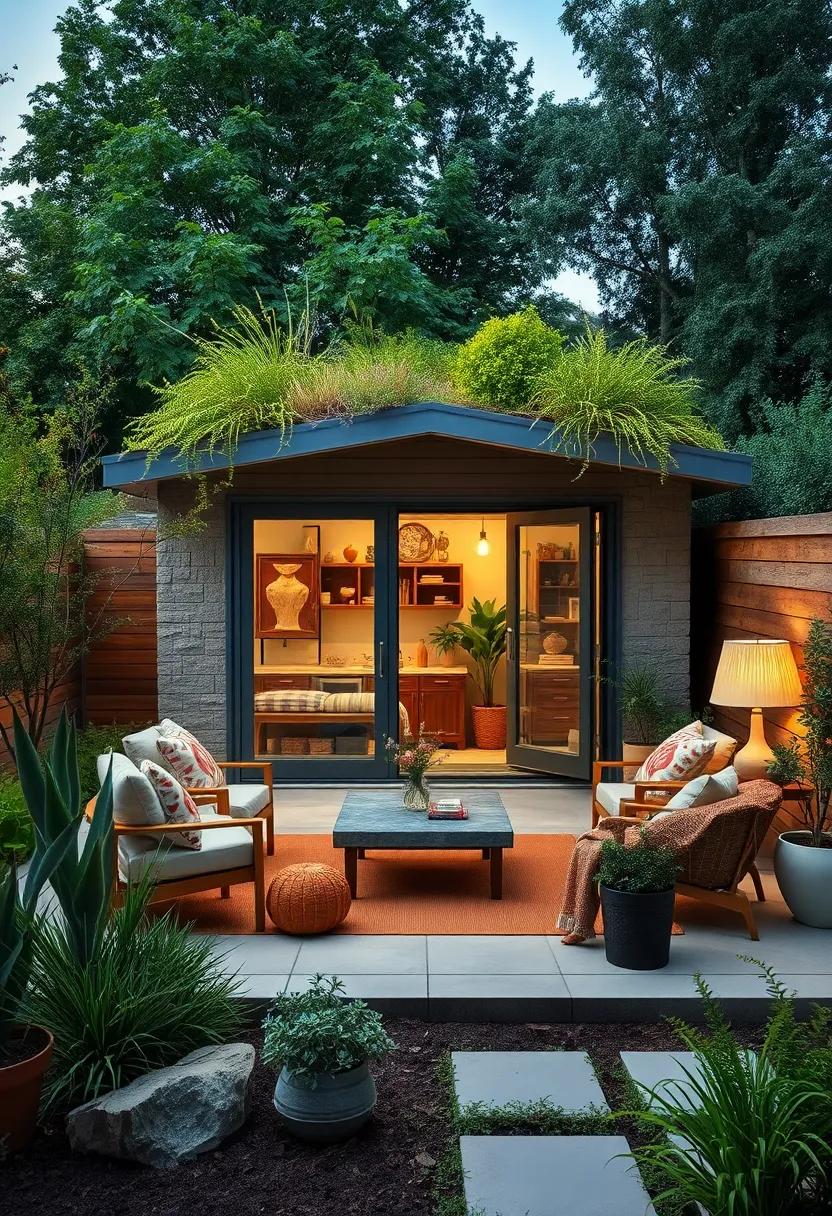 Tiny‌ shed with‍ a ⁤gently sloping green ‌roof, thoughtfully designed‍ to ‍capture​ rainwater and support ​a thriving mix ⁢of⁢ drought-tolerant plants