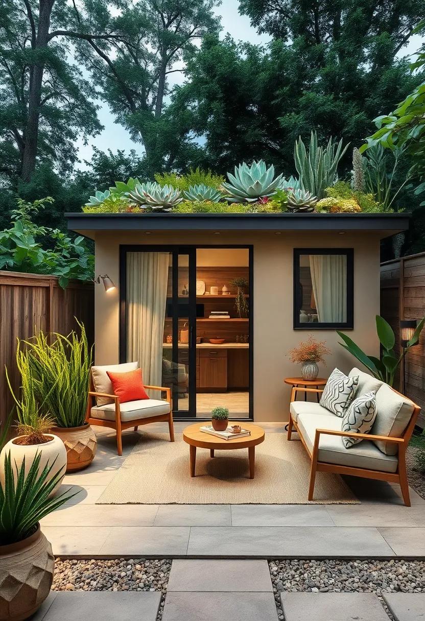 Modern shed with a rooftop succulent garden, providing low-maintenance yet striking greenery that thrives in variable climates