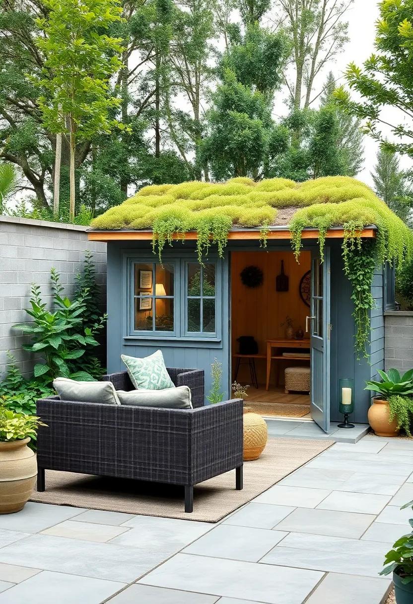 Rustic‌ gray shed topped with a multi-layered sedum roof, expertly balancing durability and lush greenery‍ for‌ year-round interest