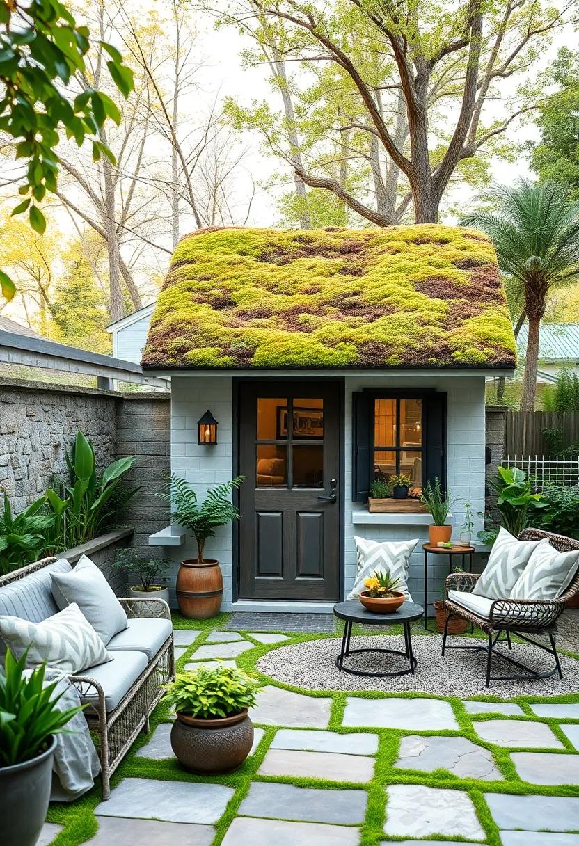 A charming gingerbread-style shed enhanced by a lush green roof of mosses ⁣and small ferns, reminiscent of⁣ a whimsical ⁤forest cottage
