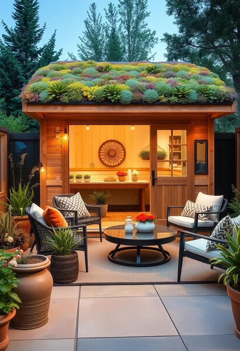 Rustic ⁤cedar shed crowned with a⁣ sedum green roof, ‌combining traditional ‍aesthetics⁣ with sustainable ​benefits⁢ that enhance curb‌ appeal