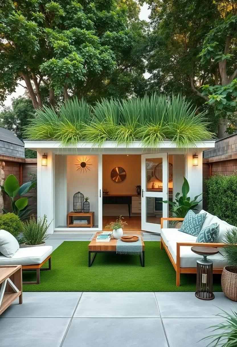 Bright white shed paired with a thick green roof planted with native grasses, offering a ⁢clean, crisp look that feels ⁤both modern and grounded