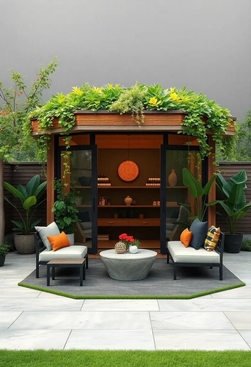 An octagonal tiny shed‍ adorned with a living roof garden, harmoniously juxtaposing‌ geometric lines‌ with⁣ organic textures