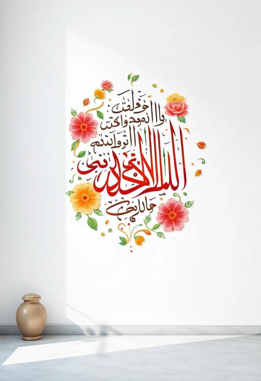 A colorful depiction of Quranic verses intertwined with floral motifs, perfect for creating a serene and spiritual atmosphere in‍ the home