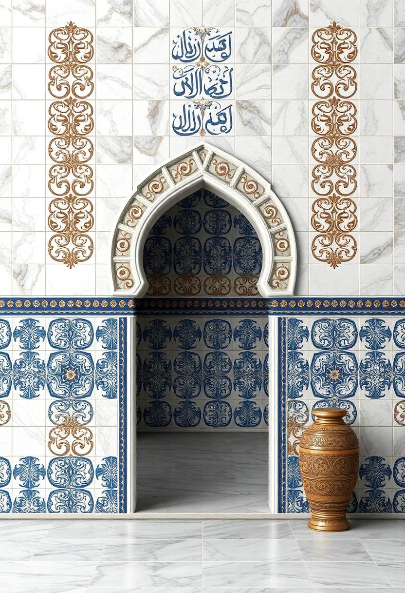 A decorative tile mural that features intricate‌ calligraphic designs, celebrating the beauty‌ of Arabic architecture in a wall art format