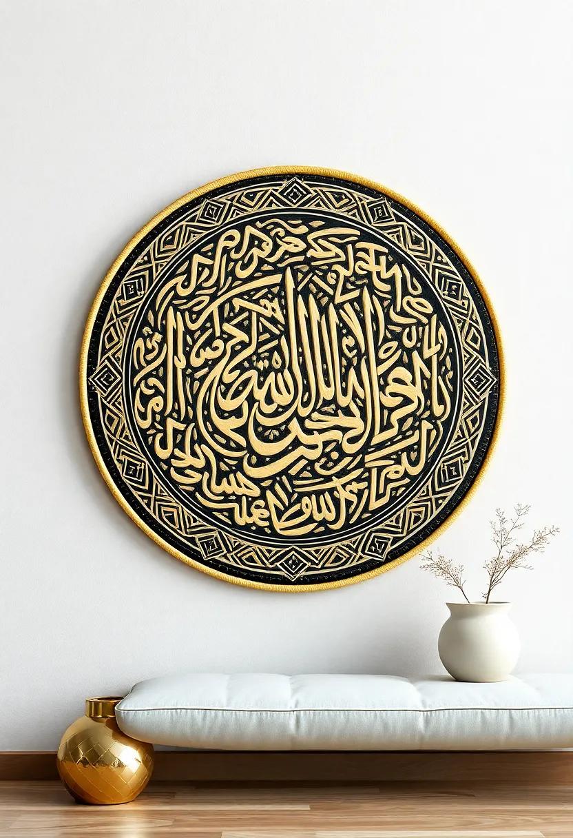 An ornate round ​wall hanging featuring labyrinthine calligraphic designs, adding‍ a touch‌ of sophistication to any living space