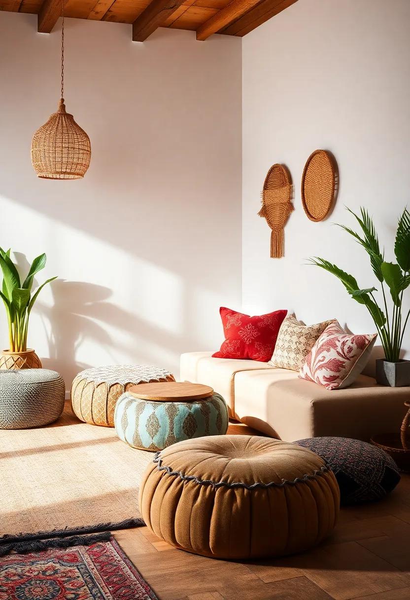 Embrace Color Pop: Choose poufs in bright colors to serve as focal points in neutral rooms, adding a playful touch to the decor