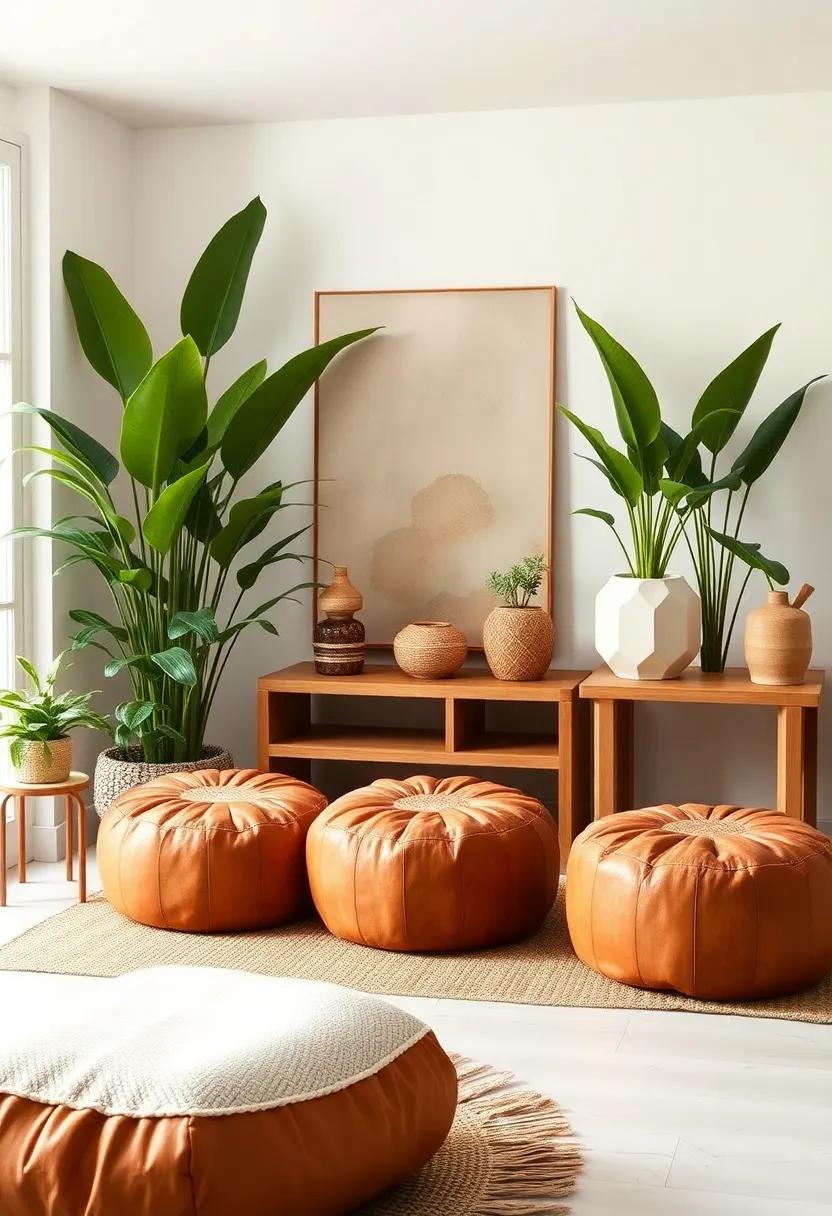 Incorporate Natural Elements: Leather poufs bring a touch of nature inside, complementing plants and natural wood furnishings