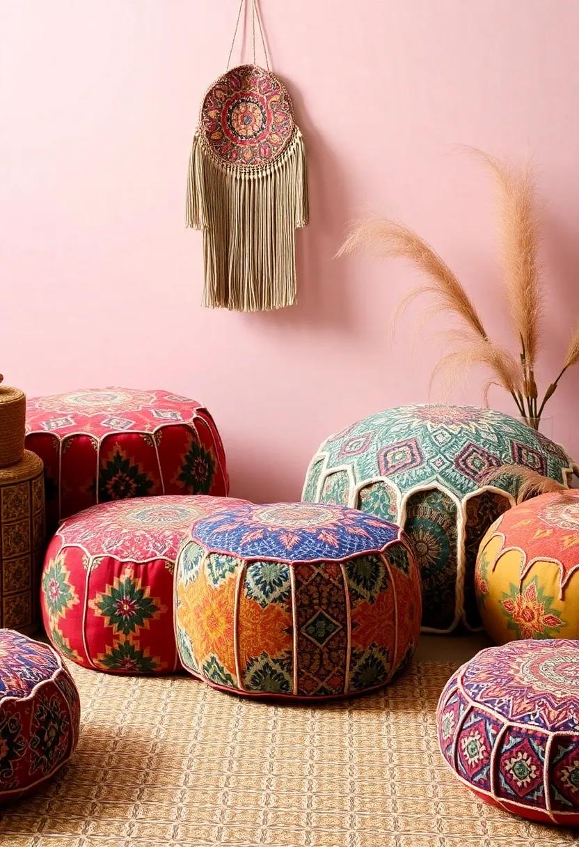 Introduce Bold Patterns: Vibrant motifs and intricate patterns on poufs create visual interest, elevating the overall aesthetic of your bohemian space