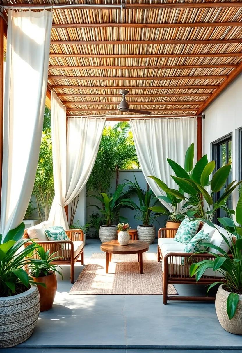 Bamboo Pergola with Flowing White‍ Curtains for a Breezy, Exotic Vibe