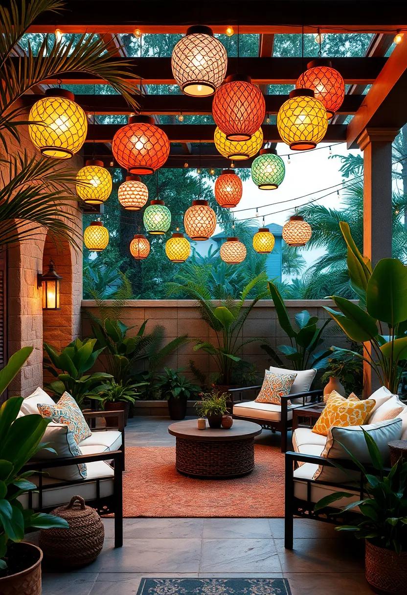 Colorful, Patterned Lanterns⁣ Hung Around to Cast Magical evening ⁤Light