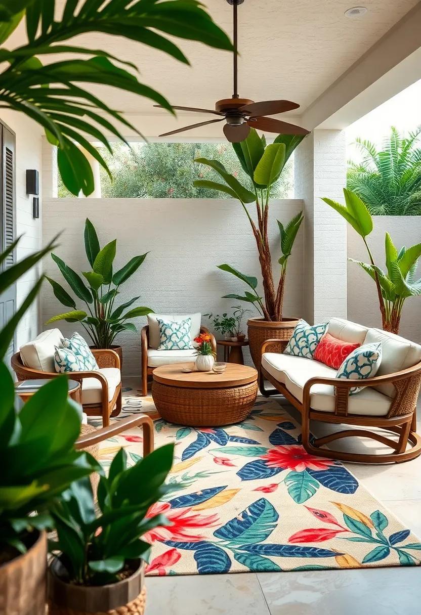 Outdoor Rug Featuring Bold Botanical Prints to Tie the Space⁢ Together
