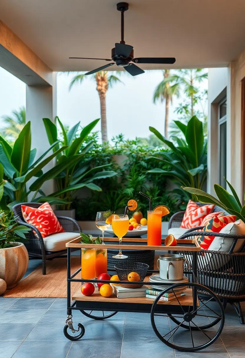 Outdoor bar Cart Stocked with ⁤Exotic Cocktails and ⁣Fresh Fruit Garnishes