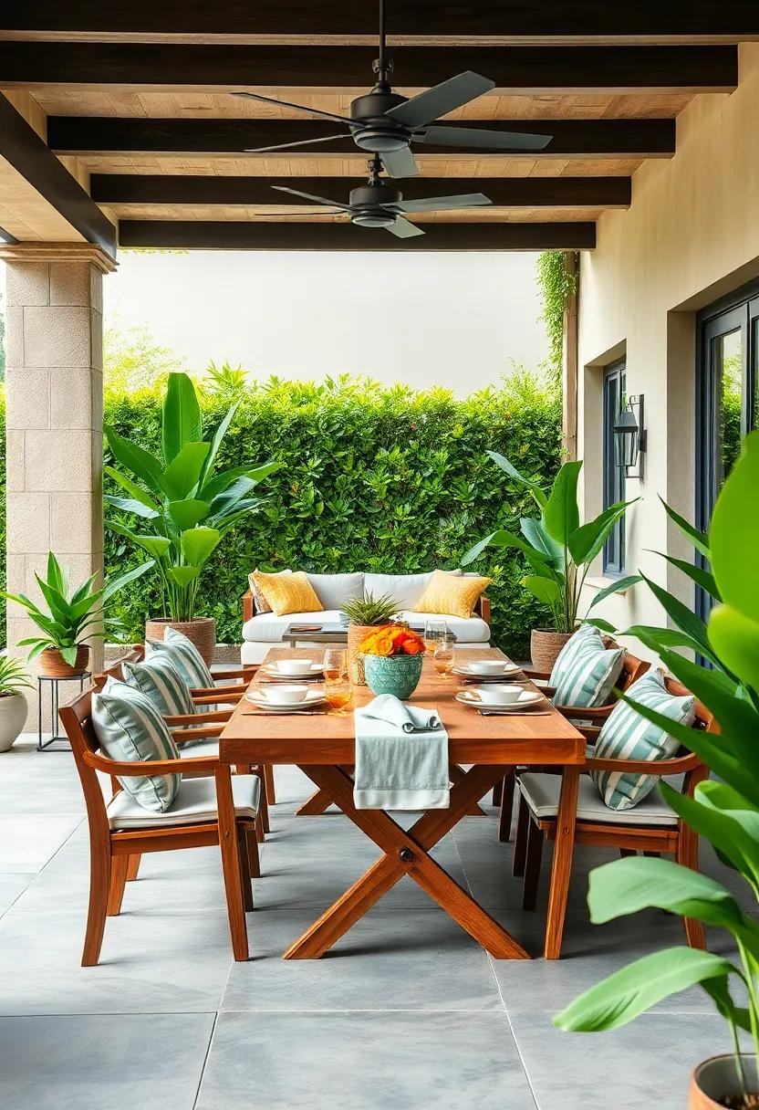 Teak⁢ Wood Dining Set Paired with⁣ Bright, Tropical Tableware
