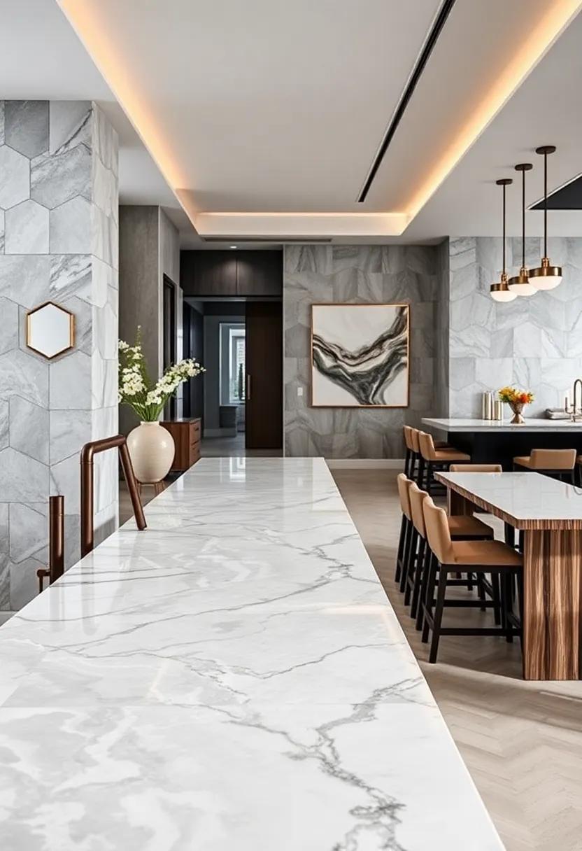 Marble accent walls behind the dining⁣ area for⁤ dramatic ​effect