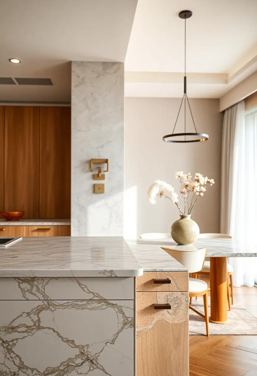 Marble drawer pulls on dining ⁣room‍ cabinetry for subtle detail