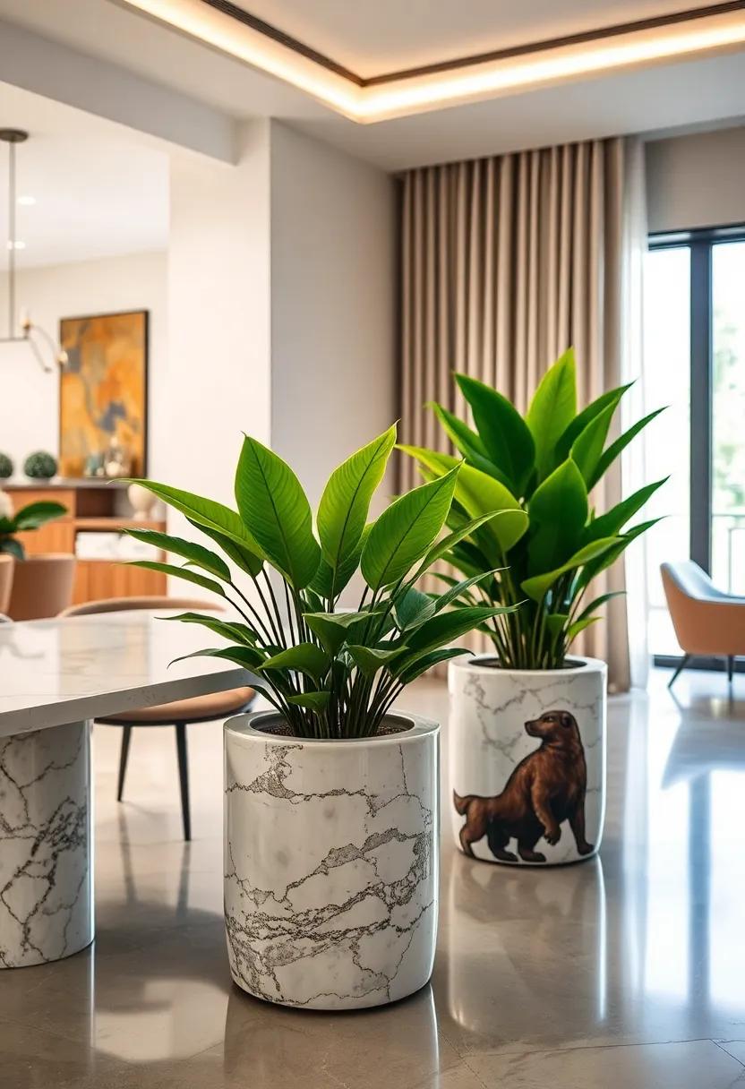 Marble ‍planter bases holding greenery for ⁤natural contrast