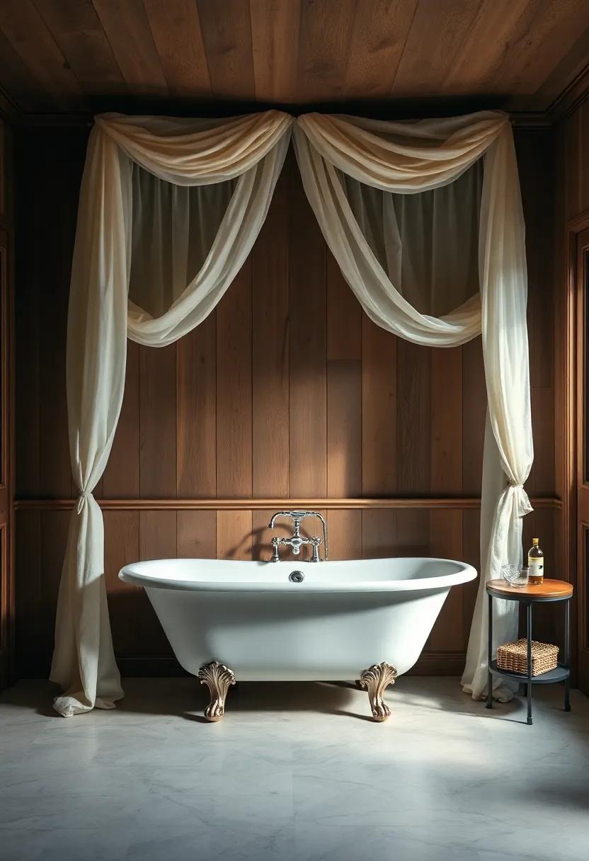 A Canopy of Draped Sheer Fabrics Over a Clawfoot Tub Creates an Ethereal Mood for ​a​ Vintage Bathroom