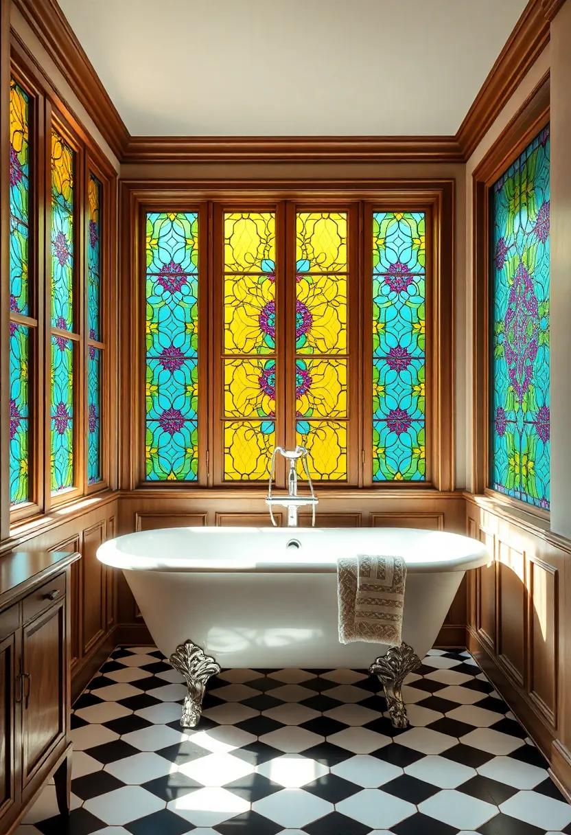 Colorful⁤ Stained Glass Windows ⁢Casting Kaleidoscopic ⁤Patterns ⁢Onto a Classic Tub and⁤ Checkered Floor