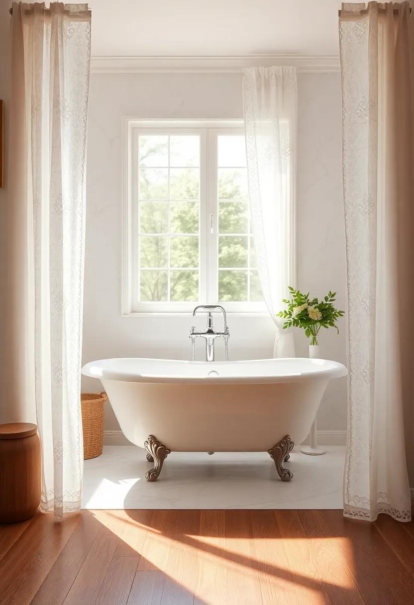 Delicate⁢ Lace Curtains framing a Sunlit Bathroom with White ​Marble Walls and⁣ a ‍Vintage Tub