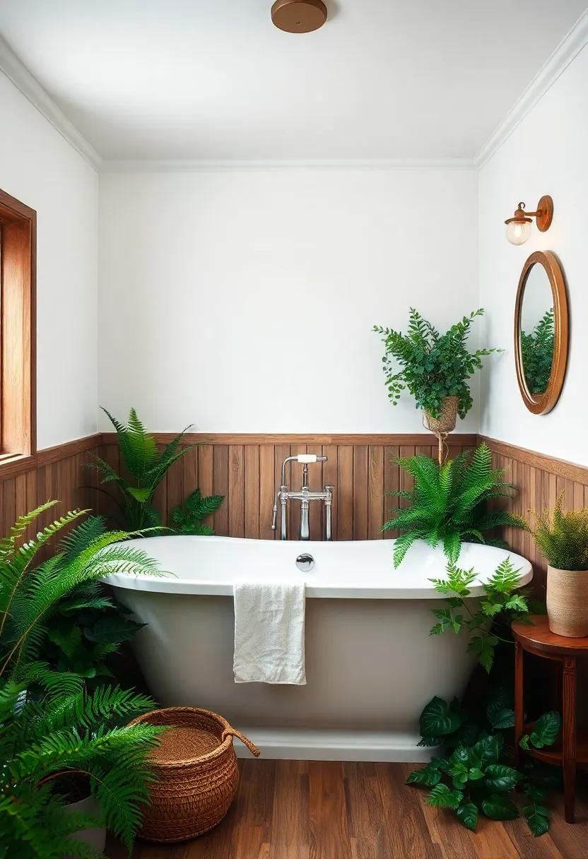 A Freestanding Tub Surrounded​ by Potted Ferns and Ivy for a Lush​ Vintage ⁣Botanical Oasis