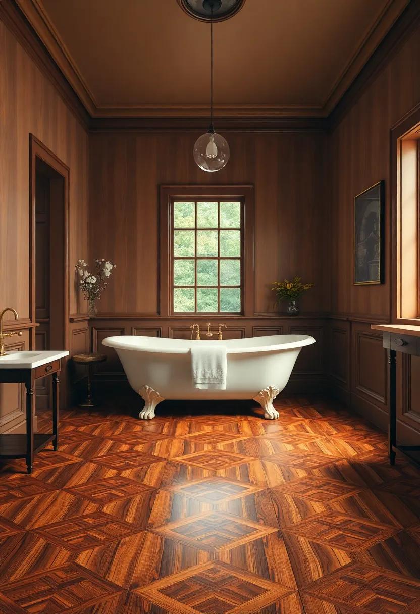 Inlaid ‍Hardwood Flooring with Intricate Patterns Surrounding an Elegant White ​Freestanding ⁤tub