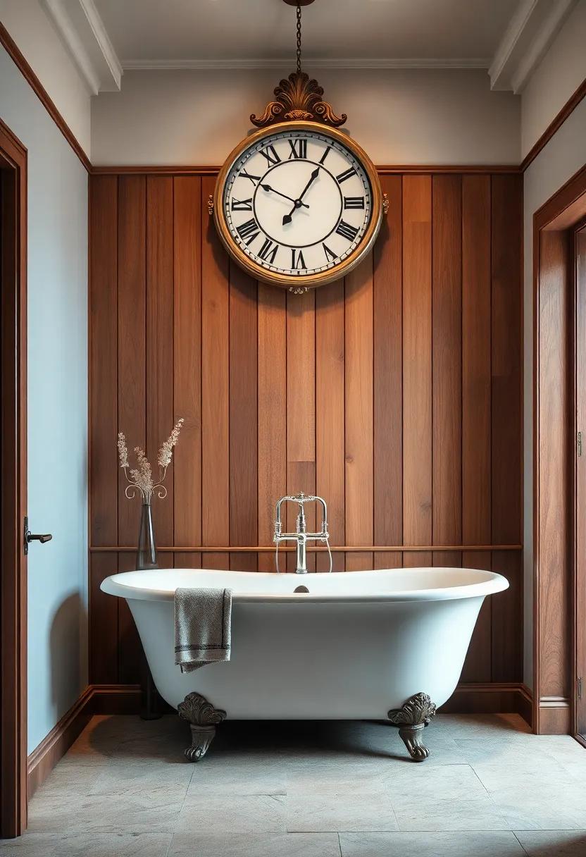 Large Ornate Wall Clock Hanging Above ‍a Freestanding Tub in a Classic, ⁢Timeless⁣ Bathroom ‍Design