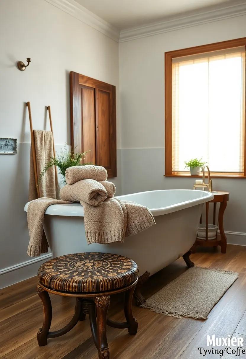 luxury Plush Towels​ Draped Elegantly Over a ⁣Freestanding Tub with a Decorative‍ Wooden Stool Nearby