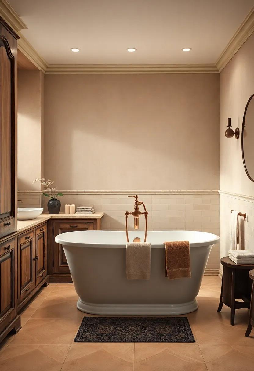 Muted Earth-tone ‍Color⁤ Palette Featuring Distressed Cabinets and a Centerpiece⁣ Freestanding‌ Tub