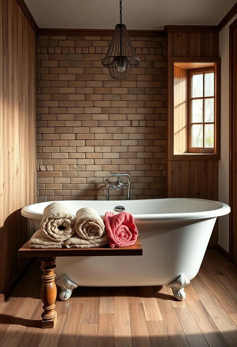 Old-Fashioned Rolled Towel Arrangements on a Rustic Bench Beside a Glossy white Freestanding Tub
