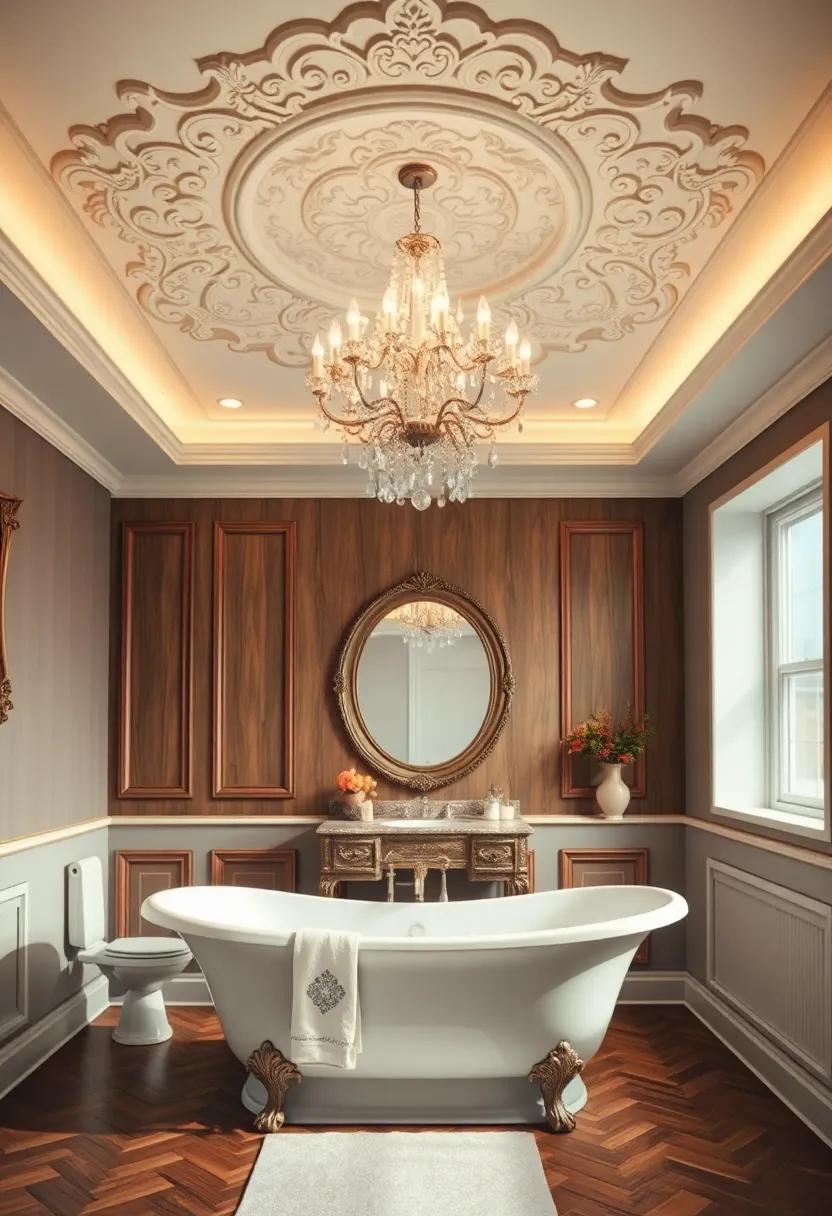 Ornate Ceiling‍ Medallion ⁢and Crystal Chandelier Over a Freestanding ‌Tub With Subtle Antique Accents