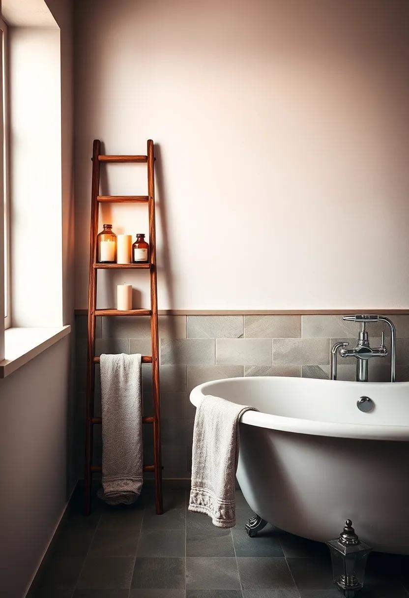 Rustic Wooden Ladder Shelf ⁢Holding Glass ​Bottles of Bath Salts and vintage Candles Next ⁤to a Tub