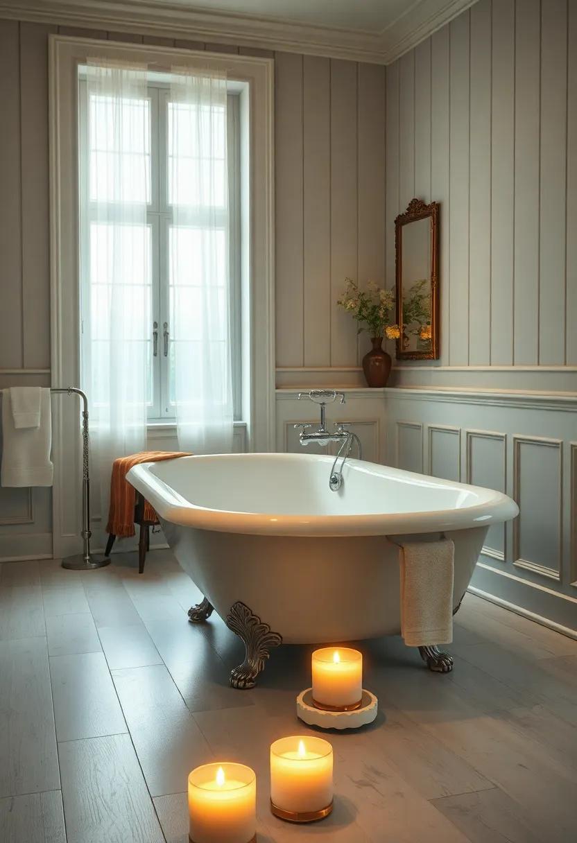 Soft Candlelight Flickering ⁤on a Vintage Bathtub Rim Enhanced by Delicate Porcelain Bath ⁤Accessories