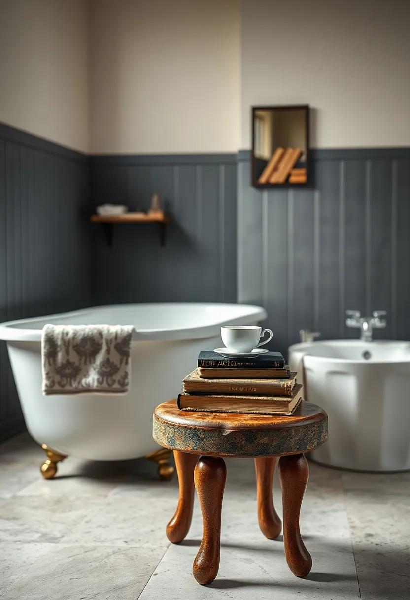 stacked Antique Books and‍ a ‌Teacup on an​ Aged stool Next to a Freestanding Tub With Retro Fixtures