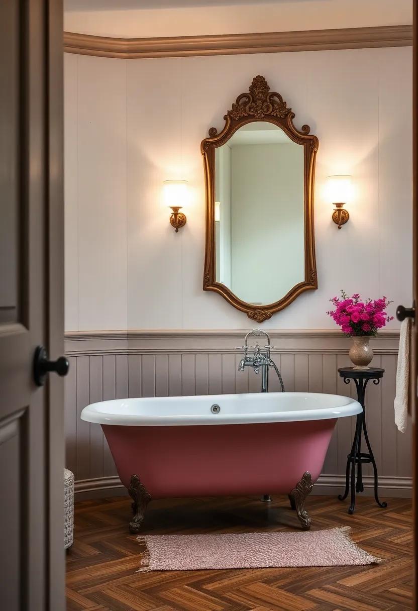 Victorian ⁣Era‍ Vanity Mirror Reflecting the Soft Glow ​of ⁤Sconce Lighting in a Retro Bathroom Scene