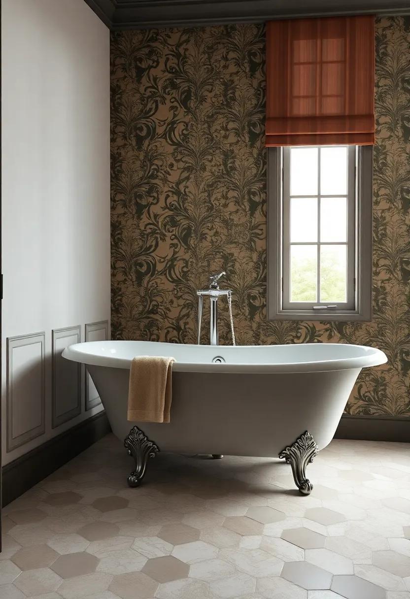 Vintage Freestanding Tub Set against Ornate Floral Wallpaper and Classic hexagonal Floor Tiles