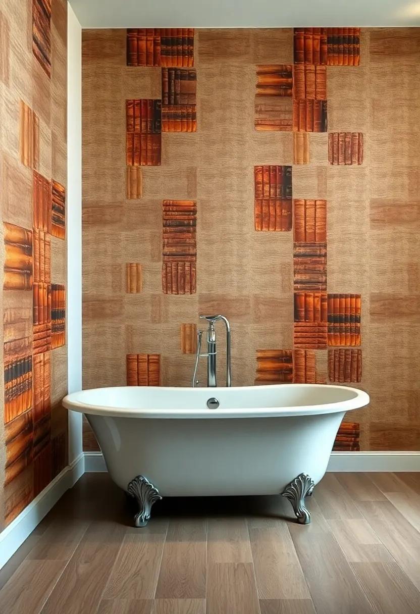 A Vintage ⁤Bathtub Nestled Against a Library Wallpaper Wall with Rows of​ Old Leather-Bound Books