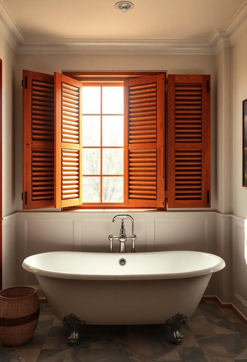 Weathered‌ Wooden Shutters Partially ‌Open Allowing Morning Sunlight to Warm a ​Classic Bathroom Scene