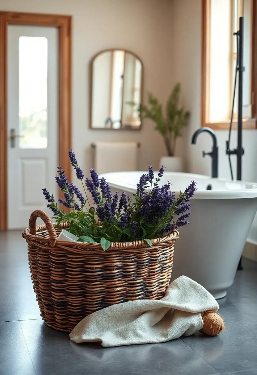 Woven ‌Basket ⁢Filled With Fresh Eucalyptus and ​lavender Stems⁢ Next to a ‍Deep Soaking Tub