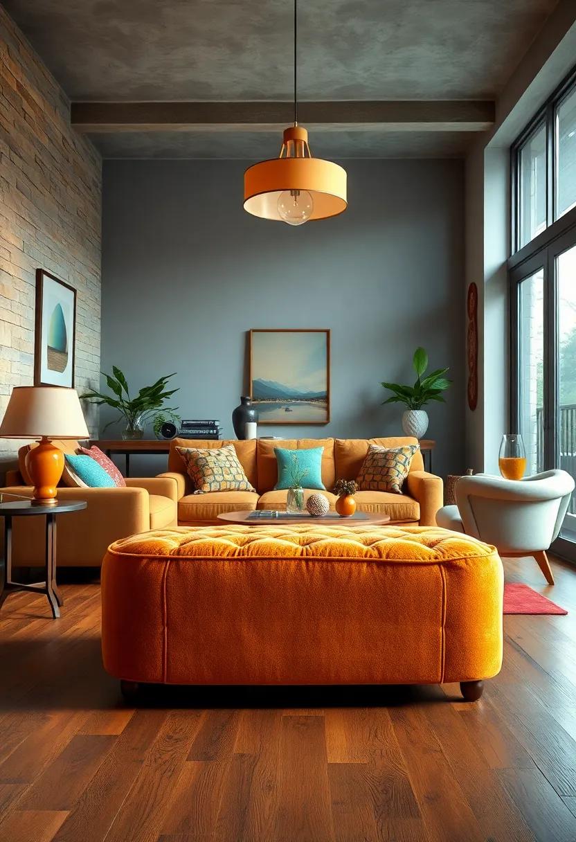 A‍ plush Retro Ottoman Resting on a Hardwood Floor in a Vintage Living Room with Colorful Accents