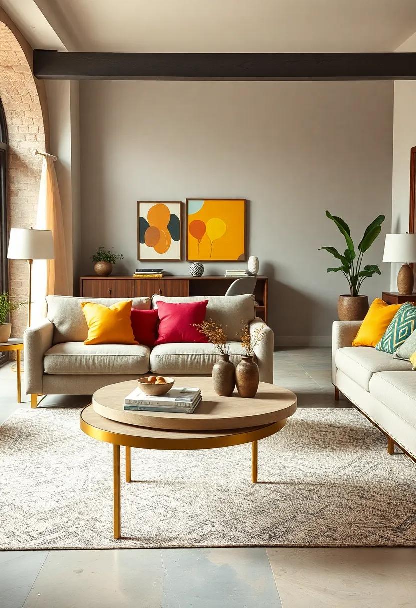 Circular Coffee ⁤Tables with Brass Legs​ Complementing Colorful Retro Cushions in a Mid-Century Living Room