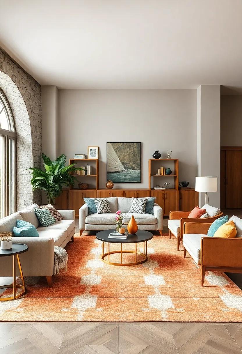 A Bold ​Geometric Rug Elevating a Retro-Inspired Living Room ​Filled⁢ with Iconic Vintage Furniture Pieces