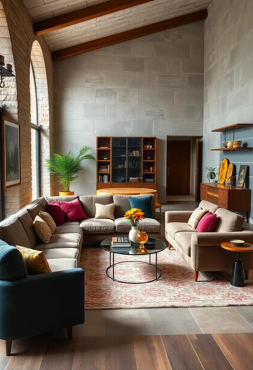 A Plush ⁤Velvet Sofa in Jewel Tones Anchoring a ‌Retro Living Room with Classic Wood Accents