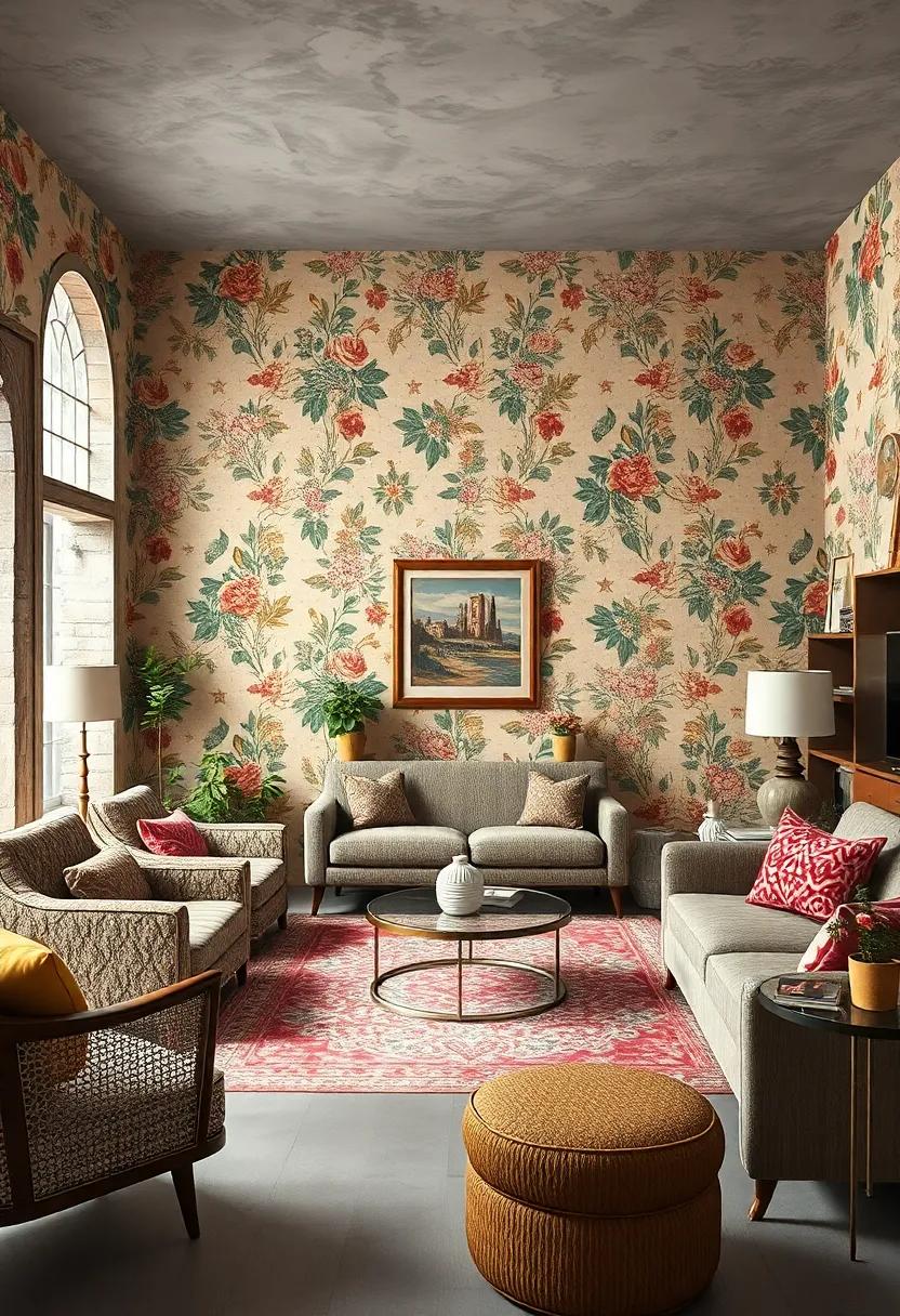 Intricate Floral Wallpaper Patterns Surrounding a‌ Vintage Living Room with Retro⁢ Furniture Profiles