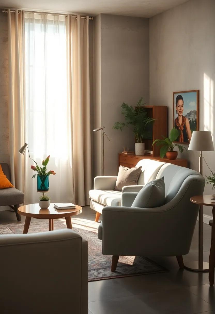 Sunlight Streaming Through Sheer Curtains onto a ⁢Retro⁣ Armchair and Side Table Arrangement