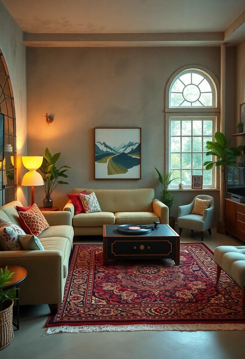 A Classic Record Player Setup nestled Among Vintage ‌Sofas and Ornate Area Rugs in a Retro Living Room