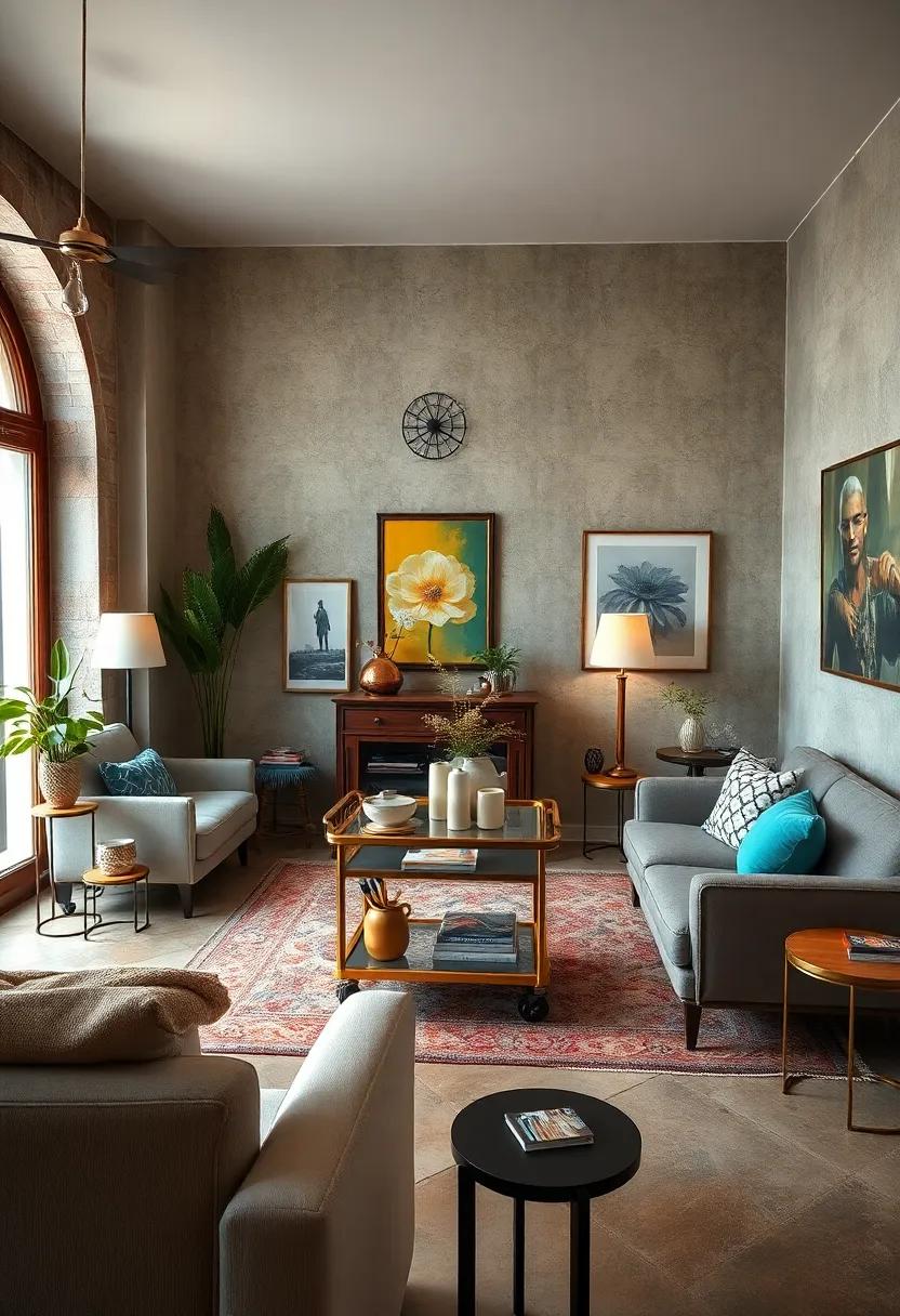 A Vintage Living ⁢Room Corners Featuring a Retro Bar⁢ Cart and Plush Seating for Social Gatherings